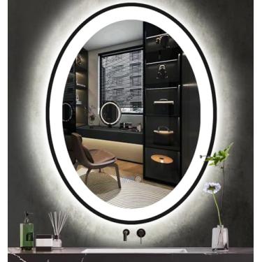 Imagem de THEKLA Espelho Oval Com Moldura Preta De 28 X 40" Para Banheiro, Salão Beleza, Montagem Na Parede, Penteadeira Grande E Iluminação, Conjunto Inteligente Luzes, Memória, 3 Cores, Luz Frontal Reguláve