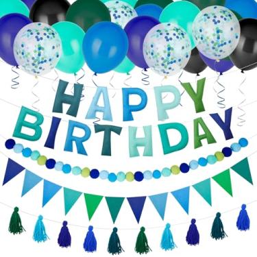 Imagem de Kit de decorações de feliz aniversário de 42 peças - Faixa reutilizável de feltro pré-amarrado, guirlanda de bola, bandeira de flâmula, borla de fio azul e verde, balões de látex de 30 cm para