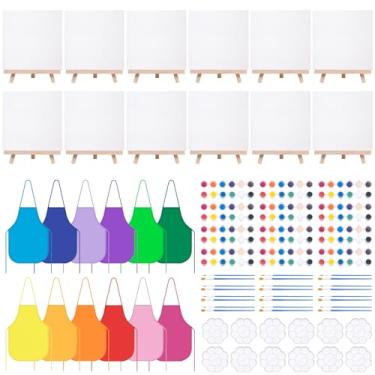 Imagem de Conjunto de 84 peças de pintura infantil; 4 quadros de tela de 4 x 4 polegadas para pintura incluem 12 quadros de tela, pincéis, paletas, 12 conjuntos de tintas acrílicas, lona de avental, kit de