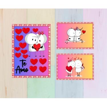 Imagem de Conjunto de 3 Quadros Decorativos Românticos, Dias dos Namorados, Te Amo, Estilo Cartoon, Arte em Rosa e Roxo