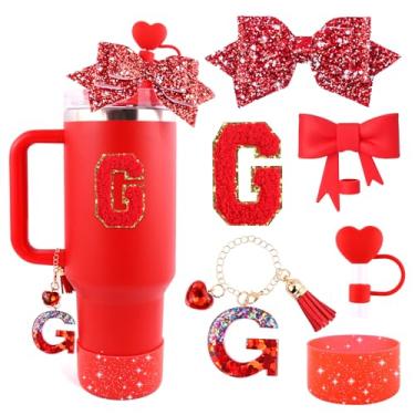 Imagem de Lingdeer Conjunto de acessórios de copo vermelho para Stanley 850 g e copo de 1,134 g com alça, pingentes de letras, capas de canudo de arco e diamante, bota de silicone com glitter, adesivo