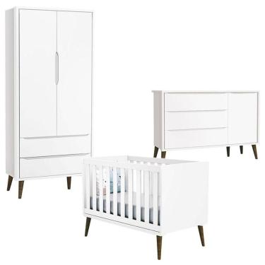 Imagem de Quarto De Bebê Theo 2 Portas Com Cômoda Com Porta Branco Acetinado Com Pés Amadeirado - Reller