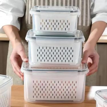 Imagem de Kit 3 Potes Organizadores de Geladeira Hermético com Trava nas Tampas Borracha Isolante e Cesto de Escorrer Removível - Organizador de Frutas Legumes Saladas - Sem BPA - Qualidade Premium - Shop100