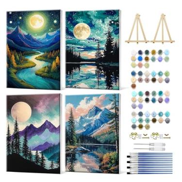 Imagem de JOOZ Pacote com 4 kits de pintura por números para adultos com moldura, pintura de montanha por número com cavalete, kits de pintura a óleo DIY Moon Lake por números em tela, kit de pintura a óleo de