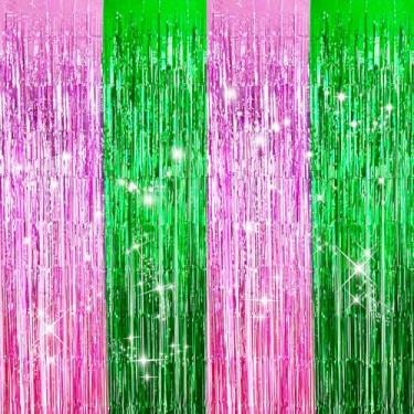 Imagem de Pacote com 2 cortinas de franja de folha de alumínio brilhante rosa e verde para festas, cenário para fotos de festa para decoração de aniversário de princesa com tema de bruxa