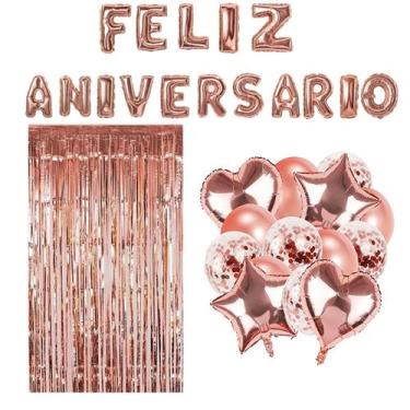 Imagem de Kit Festa Feliz Aniversário Completa Rose Gold Com Balões 31 peças - W
