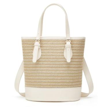 Imagem de Bolsa de mão de palha fofas bolsas de praia de verão para mulheres bolsas de vime bolsas de palha pequena bolsa balde bolsa transversal de viagem 2025, Branco-grande, Bolsa de palha