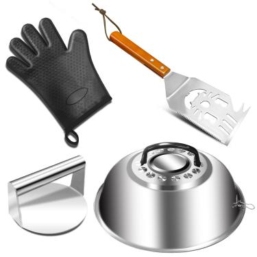 Imagem de WISDOMWELL Conjunto De Hambúrguer Smashed, Kit Prensa Aço Inoxidável, Prensa, Capa Confeitaria 25 Cm, Espátula Para Grelha, 1 Luva Churrasco - Acessórios Chapas Cozimento Blackstone Ou Flat Top