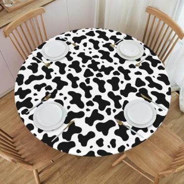 Imagem de Gbuzozie Toalha de mesa preta e branca com estampa de vaca com borda elástica, toalha de mesa redonda lavável reutilizável com tema de animais de fazenda para festa de jantar na cozinha, pequena