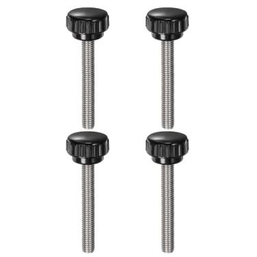 Imagem de uxcell 4 peças de maçanetas serrilhadas M8 x 55 mm métrico 304 aço inoxidável rosca macho parafuso de polegar tipo 25 mm cabeça redonda de plástico rosqueado parafuso preto