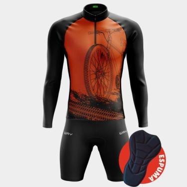 Imagem de Conjunto Ciclismo Masculino- Camisa Bike Roda Laranja Manga Longa e Be