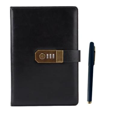 Imagem de Diário com cadeado, diário A5 de 240 páginas com caneta, diário de bloqueio de couro PU, caderno com senha para homens e mulheres, 21,8 x 15 cm (preto)