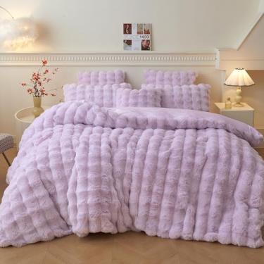 Imagem de LIFEREVO Conjunto de capa de edredom de pele sintética de coelho fofo, fofo, bolha, roxo claro, adulto, meninas, crianças, adolescentes, 1 capa de edredom com zíper + 1 fronha peluda, lavanda