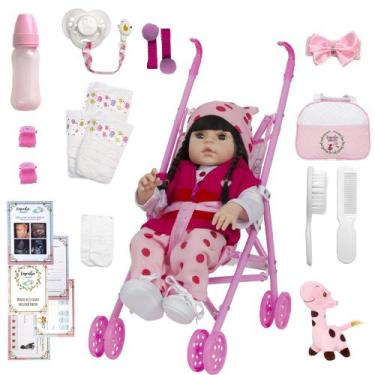 Imagem de Bebe Estilo Reborn Morena Vinil Girafa Com Carrinho Infantil - Cegonha