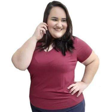 Imagem de Camiseta Plus Size Gola V Feminina Lisa Algodão XG ao XG8, Bordô, XG7