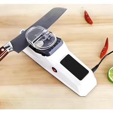 Imagem de Afiador Elétrico Profissional Afiador Elétrico de Facas corte Osso, Carne e Tesouras, USB, Base Antiderrapante, Branco