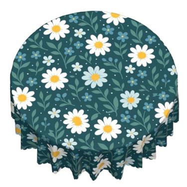 Imagem de NeuKim Toalha de mesa redonda de 152 cm, margarida branca, azul, ao ar livre, impermeável, à prova de derramamento, toalha de mesa decorativa para cozinha, mesa de jantar, festa, piquenique
