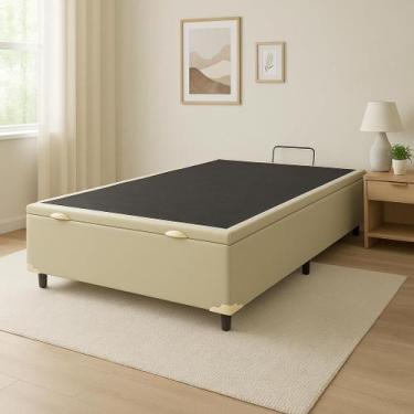 Imagem de Cama Box Casal com Baú  Suede Bege, Blindada, Pistão a Gás  138x188 cm