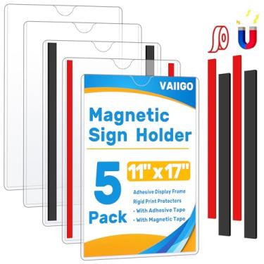 Imagem de VAIIGO Suporte magnético para placa de parede 28 x 43 cm, pacote com 5 suportes de placa de plástico rígido com ímã e fita adesiva, moldura magnética autoadesiva para capas de menu, protetor de