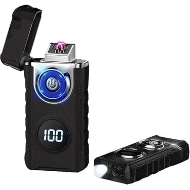 Imagem de TIKIUKI Isqueiros elétricos recarregáveis, isqueiros de arco duplo, isqueiros sem chama de metal plasma com visor LED para velas aromáticas, acampamento (preto fosco)
