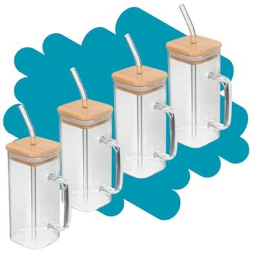 Imagem de Kit 4 Copo de Vidro Canudo e Tampa de Bambu Caneca 300ml Borossilicato Bebidas Geladas E Quentes Chá Café Refri Suco Sobremesas Com Alça Transparente