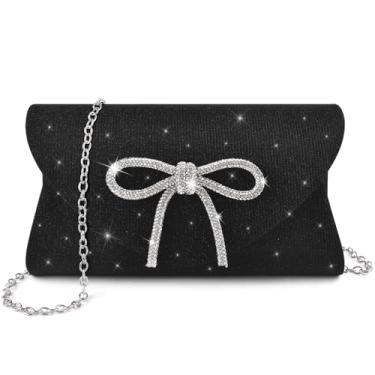 Imagem de PACETAP Bolsa de noite com laço brilhante para mulheres, bolsas de mão elegantes com glitter para festa de casamento (preta)
