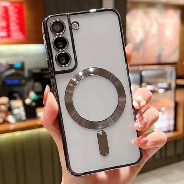 Imagem de HJZSZX Para S24 Ultra Luxury Plating Clear Magnetic Wireless Charge Case Silicone Cover (Para S24 Ultra/Preto)