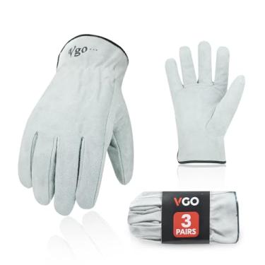Imagem de Vgo... Vgo 3 pares de luvas de couro bovino sem forro para trabalho e motorista para serviço pesado, dirigir caminhão, armazém, jardinagem, fazenda (tamanho GG, branco, CB9501)