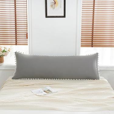 Imagem de Capa de travesseiro corporal cinza claro 51 x 132 cm capa de travesseiro de corpo bonito pompons design de franja boho chique decoração longa capa de travesseiro com fecho de bolso