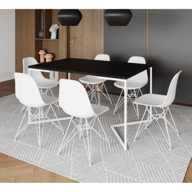 Imagem de Mesa Industrial Jantar Retangular 137X90Cm Preta Base V Com 6 Cadeiras