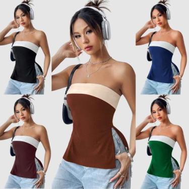 Imagem de Kit 5 Blusa Blusinha Feminina sem alça Casual Faixa Bicolor Fenda Late