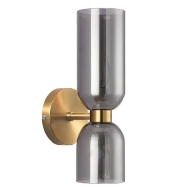 Imagem de XIRYTU-H Iluminação de arandela de parede moderna com 2 lâmpadas com persianas de vidro, lâmpada de parede E14 para quarto, penteadeira de banheiro, sala de estar, corredor (cinza)