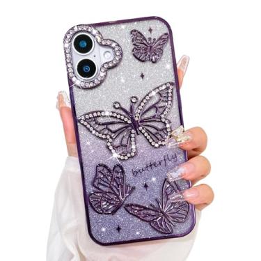 Imagem de Bonoma Capa com glitter para, linda capa com estampa de borboleta 3D, proteção da câmera, capa traseira macia e brilhante para mulheres e meninas, roxa