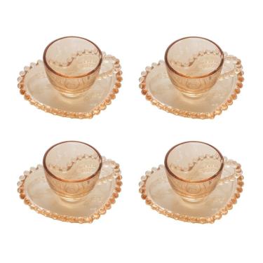 Imagem de Cj 4 Xícaras P/Café C/Pires de Cristal C/Formato Coração Pearl Bolinha Âmbar 85ml Wolff