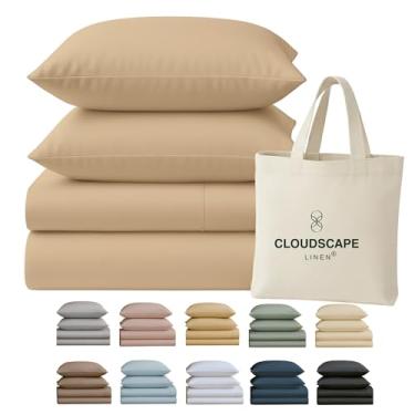 Imagem de Conjunto de lençóis King Size Cloud Scape Linen 400 fios - 100% algodão egípcio, macio, durável e respirável, bolso profundo de até 40,6 cm, linho
