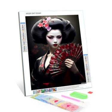 Imagem de MOER SKY Kits de pintura de diamante japonês 5D, gueixa com leque de flores de cerejeira para adultos, arte de pedra redonda completa para decoração de parede para casa, presentes 30 x 40 cm