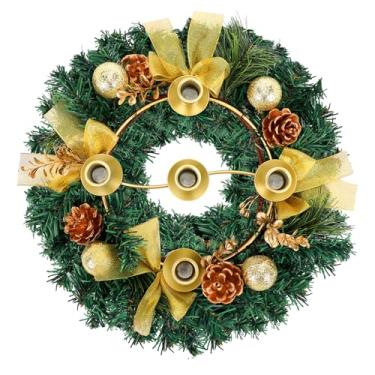 Imagem de Knitgrip Guirlanda de Natal do Advento de 35,5 cm, 5 castiçais, fita de Natal, castiçal, mesa de centro de mesa com taças de anel de metal dourado, laço de ouro, pinhas, flor para igreja de Natal