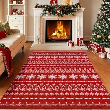 Imagem de Bsmathom Tapete de Natal, 12 x 18 cm, vermelho, para sala de estar, para uso interno, lavável, decoração de férias, antiderrapante, corredor, entrada, macio, com pelo baixo, para quarto, tapete