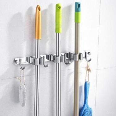 Imagem de Suporte de Parede em Aço Inoxidável para Vassouras, Esfregões e Ferramentas - Organizador com 3 Clipes e 4 Ganchos suporta até 50kg Porta utensílios domésticos