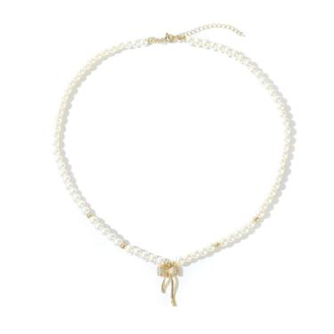 Imagem de Colar com laço de pérola para mulheres, banhado a ouro 18K, colar com pingente de laço de pérola, lindo colar de strass, joias modernas, presentes para mulheres, one size, Liga de aço, Sem Pedra
