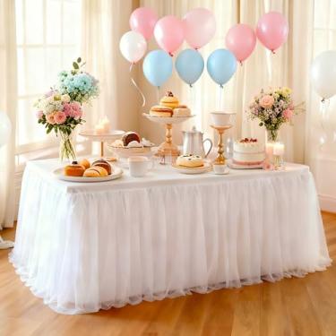 Imagem de Pacote com 1 toalha de mesa branca de tule 2 em 1 para mesa retangular de 1,8 m – saia de mesa elástica e capa para chá de bebê, noiva, aniversário, festa de princesa