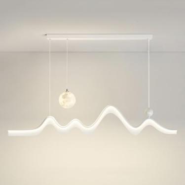 Imagem de Lustre moderno LED pendente iluminação longa tira linear lustre onda luz 3D impressão lua bola minimalismo teto pendurado lâmpada para mesa jantar quarto restaurante bar, branco 120cm