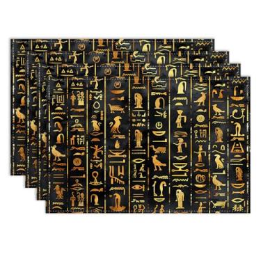 Imagem de Jogo americano egípcio, conjunto de 4, 30 x 45 cm, retrô, mitologia egípcia, hieróglifos, murais alfabéticos, estampa preta, tapetes de mesa de café, decoração de mesa de jantar
