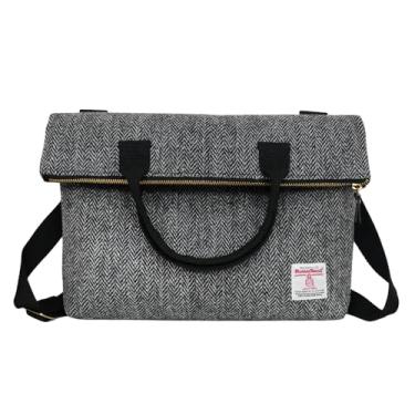 Imagem de Harris Tweed Bolsa de mão de lã para homens e mulheres, bolsa tiracolo dobrável com alça ajustável e grande capacidade, Espinha de peixe cinza, 3G