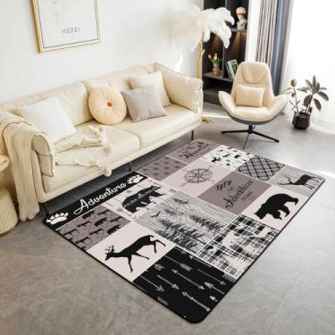 Imagem de Erosebridal Tapete de área de urso cervo rústico casa de fazenda patchwork tapete decorativo 7 x 12 vintage cabana cabana tapete de chão interior floresta animal tapetes xadrez decoração country