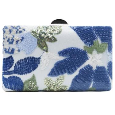 Imagem de ATQCOL Bolsa feminina bordada com contas florais de lantejoulas para festa de casamento, bolsa clutch para coquetéis, Azul, One Size