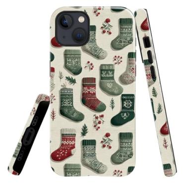 Imagem de heindiy Compatível com iPhone 15 Plus, capa brilhante, proteção total, à prova de choque, anti-arranhões, capa de TPU, capas para homem, mulher, meias de Natal, vermelho e verde