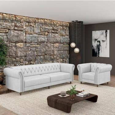 Imagem de Conjunto Sala de Estar 1 Sofá Living 260cm e 1 Poltrona Stanford Chesterfield Pés Madeira Couro Branco G58 - Gran Belo