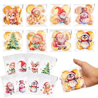 Imagem de LOMIMOS 240 peças de sacos de doces autoadesivos de Natal, sacos de biscoito de celofane de Natal com 8 estilos fofos para lembrancinhas de festa de Natal, embalagem de presente de Natal