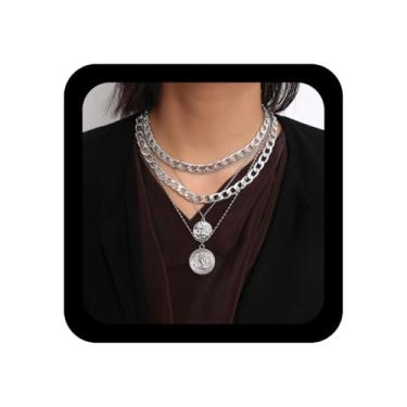 Imagem de Andelaisi Corrente punk cubana gargantilha de elos grossos, colar de moedas de disco multicamadas para mulheres, Zinco, Sem Pedra Preciosa